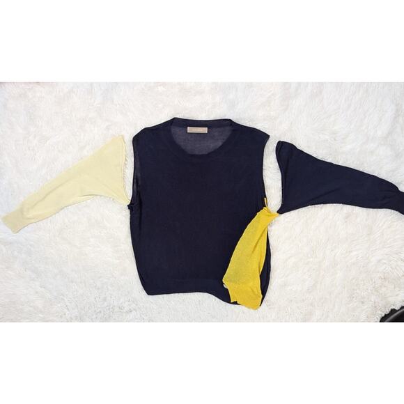 Wool Blend Cutout Color Block Deconstructed Sweater Blue and Yellow Small - Picture 14 of 14